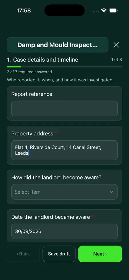 Tapping Next in the SiteSurvey app with a required question unanswered: the form scrolls to the highlighted question, it is answered, the red message clears and Next moves on to page 2.