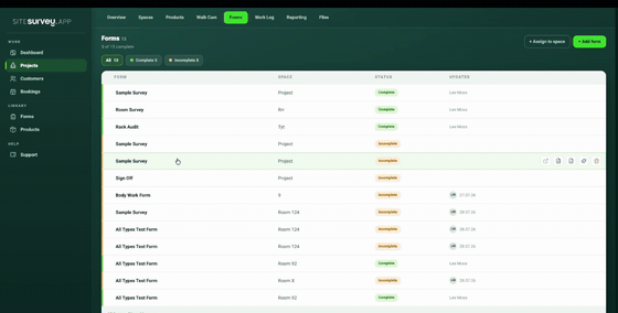 SiteSurvey form settings — enabling the shareable link with password protection and saving the form