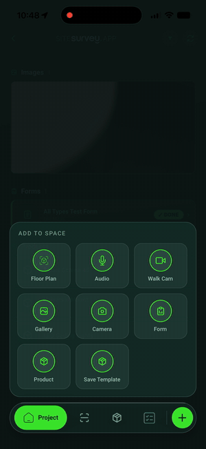 SiteSurvey mobile form being completed — adding a form to a space, answering choice fields and signing off with a rating