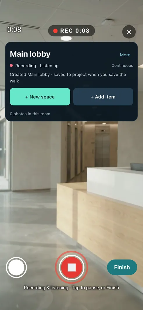 Free Walk: adding a new space called Main lobby while recording