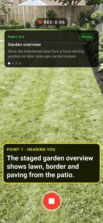 Walk Cam recording Garden overview: the REC badge, guided instruction, held record control and example observation appearing word by word