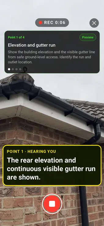 Walk Cam recording Elevation and gutter run: the REC badge, guided instruction, held record control and example observation appearing word by word
