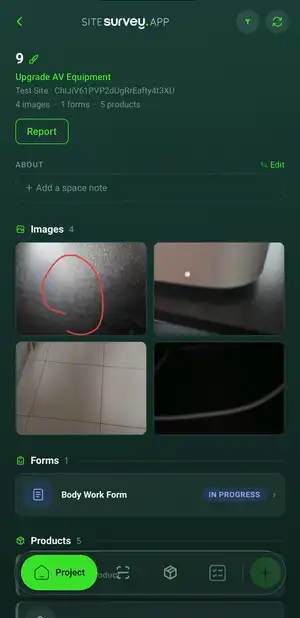 SiteSurvey mobile space record with audio notes, images and forms