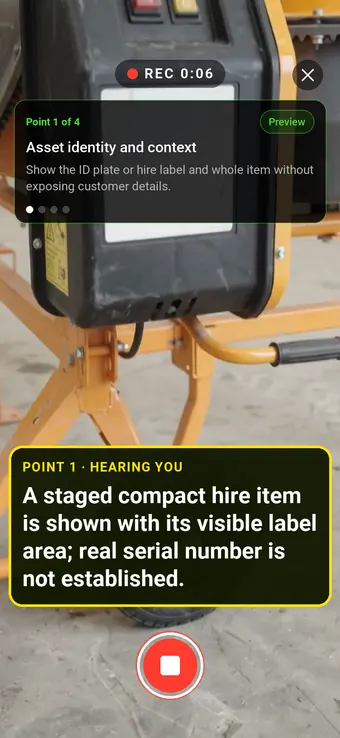 Walk Cam recording Asset identity and context: the REC badge, guided instruction, held record control and example observation appearing word by word
