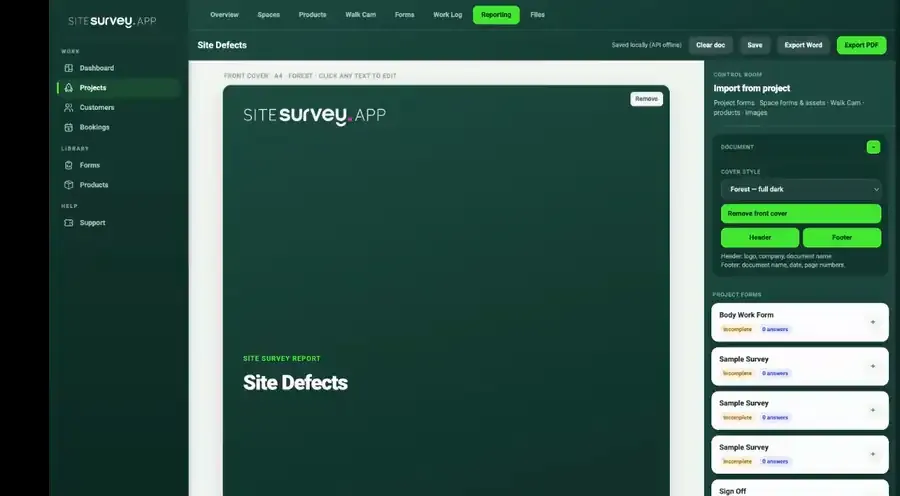 The project report in the SiteSurvey web portal — form responses, photos and the defect write-up already formatted into the client-ready PDF