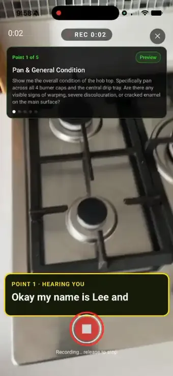 Filming an inspection point in SiteSurvey Walk Cam while live voice-to-text writes the observation