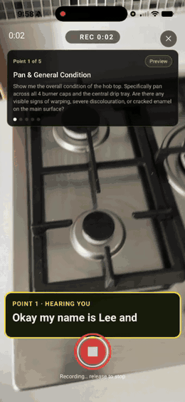 Recording a Walk Cam inspection point in SiteSurvey with live voice-to-text captions
