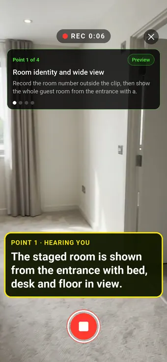 Walk Cam recording Room identity and wide view: the REC badge, guided instruction, held record control and example observation appearing word by word