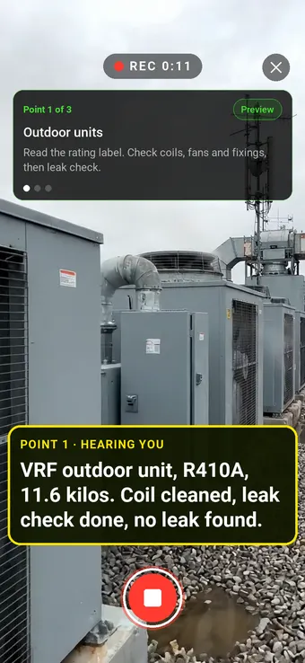 Walk Cam recording a row of rooftop condensing units, with the point card and the live transcription of the leak check on screen