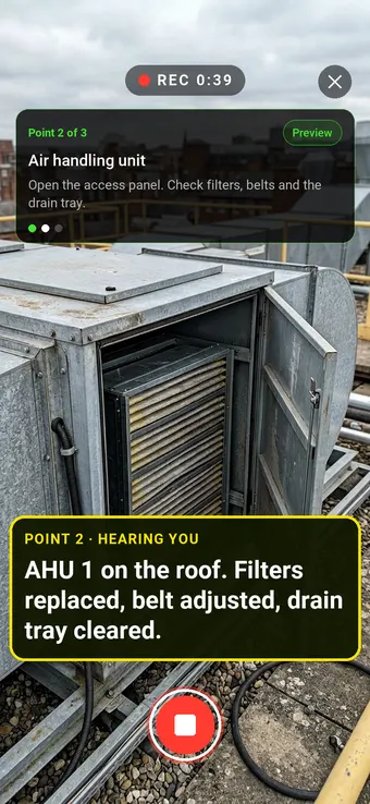 A rooftop air handling unit with its access panel open, with the Walk Cam point card and live transcription