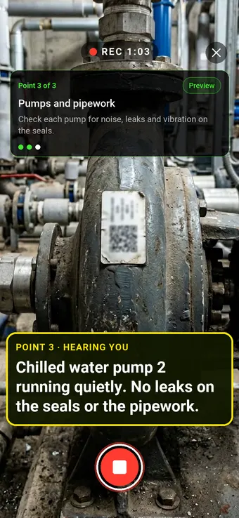A pump in a plant room with an asset label, with the Walk Cam point card and live transcription