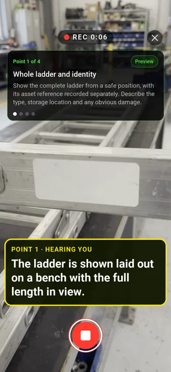 Walk Cam recording Whole ladder and identity: the REC badge, guided instruction, held record control and example observation appearing word by word
