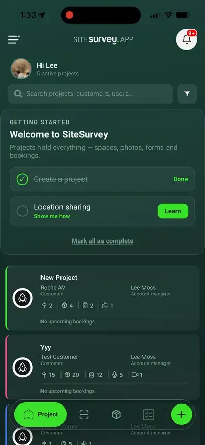 SiteSurvey mobile settings: enabling location sharing and arrival notifications for projects