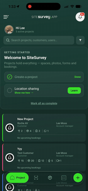 SiteSurvey mobile settings — enabling location sharing and arrival notifications for projects