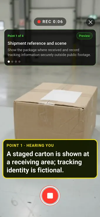 Walk Cam recording Shipment reference and scene: the REC badge, guided instruction, held record control and example observation appearing word by word