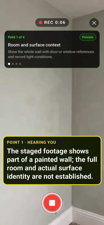 Walk Cam recording Room and surface context: the REC badge, guided instruction, held record control and example observation appearing word by word