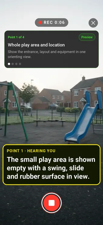 Walk Cam recording Whole play area and location: the REC badge, guided instruction, held record control and example observation appearing word by word