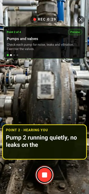 A pump in a plant room with an asset label, with the Walk Cam point card and live transcription
