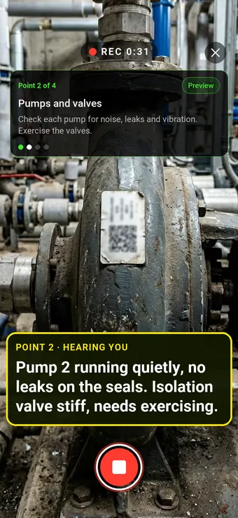 A pump in a plant room with an asset label, with the Walk Cam point card and live transcription