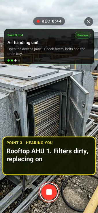 A rooftop air handling unit with its access panel open, with the Walk Cam point card and live transcription