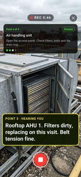 A rooftop air handling unit with its access panel open, with the Walk Cam point card and live transcription