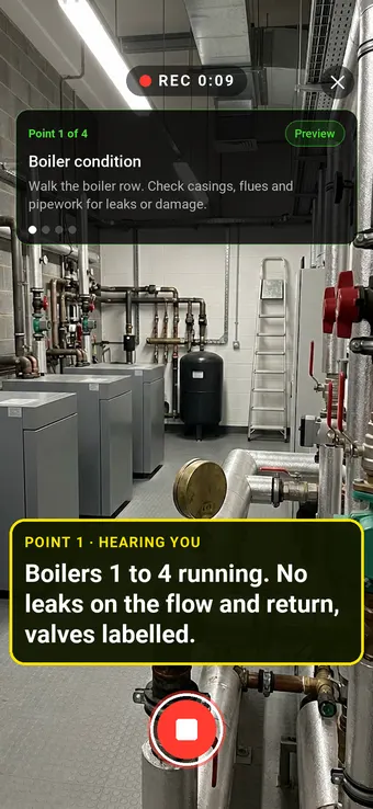 Walk Cam recording a row of boilers in a plant room, with the point card and the live transcription on screen
