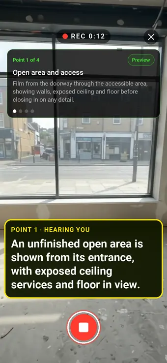 Walk Cam recording Open area and access: the REC badge, guided instruction, held record control and example observation appearing word by word