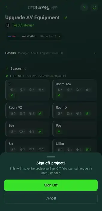 A completed site survey in SiteSurvey — spaces mapped on the floor plan, each carrying its own forms, photographs and results