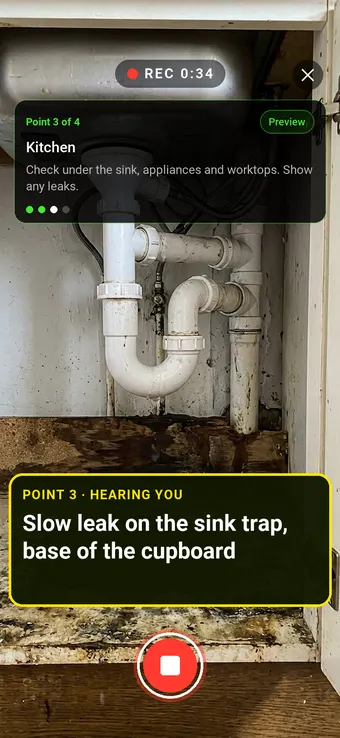 Water leaking from a trap under a kitchen sink, with the Walk Cam point card and live transcription