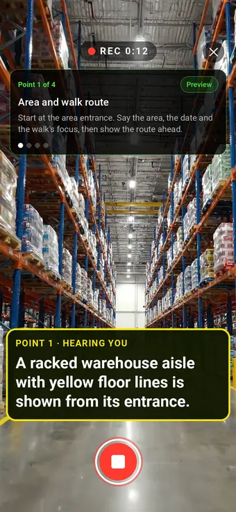 Walk Cam recording Area and walk route: the REC badge, guided instruction, held record control and example observation appearing word by word