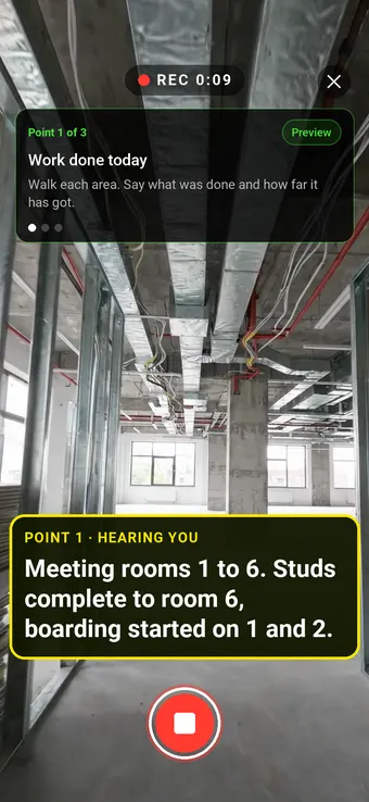 A level 2 office fit-out with partitions up and ceilings open, filmed in Walk Cam with the point card and the site manager's words transcribed live