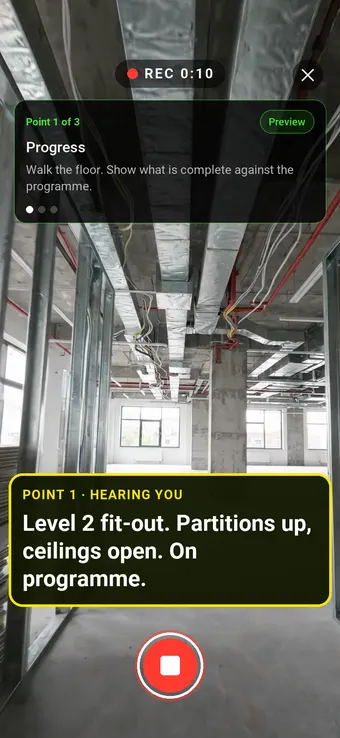 Walk Cam on a level 2 office fit-out with partitions up and ceilings open: the point card prompts the inspector and their words are transcribed live