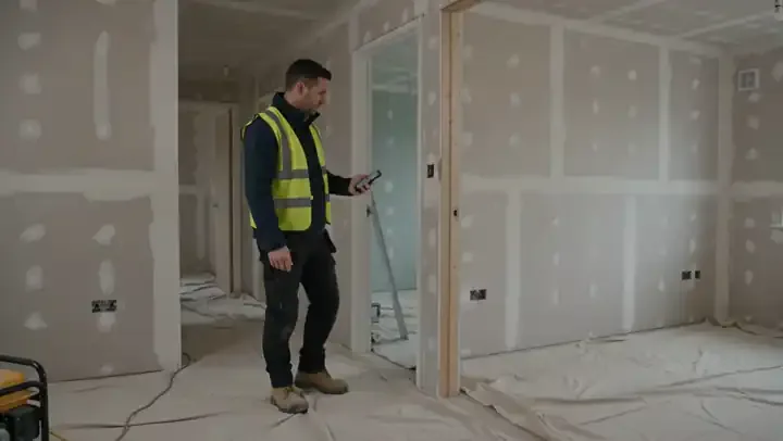 A site manager photographing a defect on a plasterboard wall in a partially finished interior, the phone framing the damage