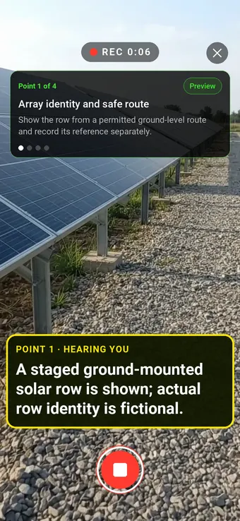 Walk Cam recording Array identity and safe route: the REC badge, guided instruction, held record control and example observation appearing word by word