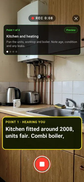 Walk Cam recording a housing association kitchen and its combi boiler, with the point card and the live transcription on screen