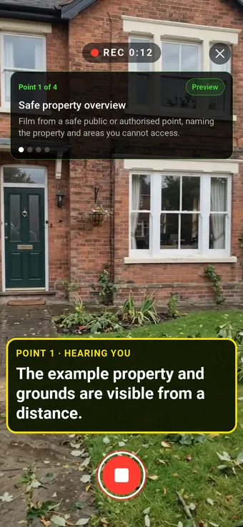 Walk Cam recording Safe property overview: the REC badge, guided instruction, held record control and example observation appearing word by word