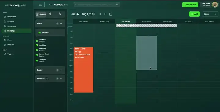 SiteSurvey bookings calendar: creating a booking with project, site, label and attendees, then reviewing team availability in week, day and month views
