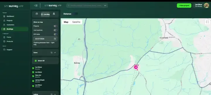 SiteSurvey bookings map showing live field team locations, filtered by date and zoomed from region to street level