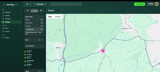 SiteSurvey bookings map showing live field team locations, filtered by date and zoomed from region to street level