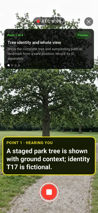 Walk Cam recording Tree identity and whole view: the REC badge, guided instruction, held record control and example observation appearing word by word