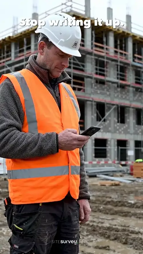 A Walk Cam inspection recording on a construction site — filming cables trailing across the access route, then conduit and pallets blocking the next pour, while live voice-to-text writes each observation on screen