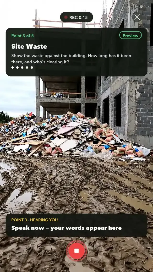 Walk Cam recording an inspection point with live voice-to-text captions