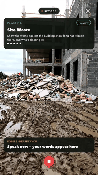 Walk Cam recording an inspection point with live voice-to-text captions