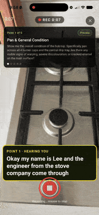 Walk Cam recording an inspection point with live voice-to-text captions