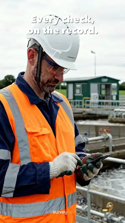 A Walk Cam inspection at a water treatment works, recording the control kiosk and panel, then pump P1 and its gauges, while live voice-to-text writes each observation on screen
