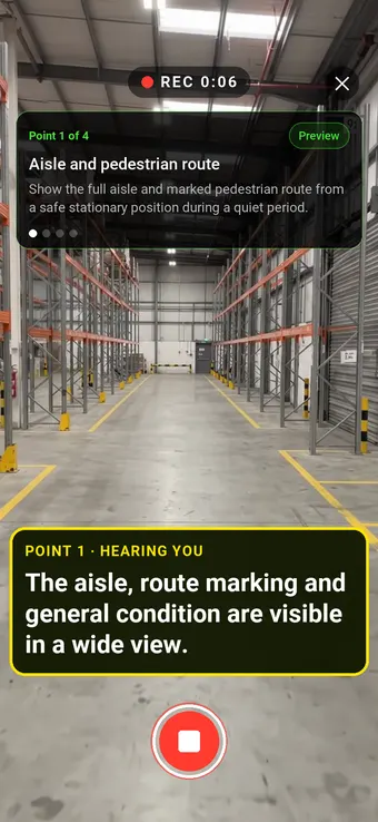 Walk Cam recording Aisle and pedestrian route: the REC badge, guided instruction, held record control and example observation appearing word by word