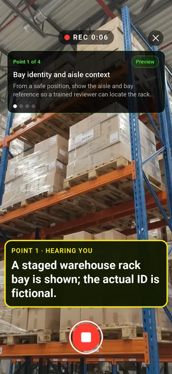 Walk Cam recording Bay identity and aisle context: the REC badge, guided instruction, held record control and example observation appearing word by word