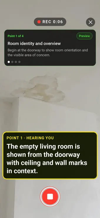 Walk Cam recording Room identity and overview: the REC badge, guided instruction, held record control and example observation appearing word by word