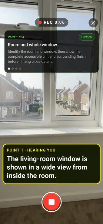 Walk Cam recording Room and whole window: the REC badge, guided instruction, held record control and example observation appearing word by word