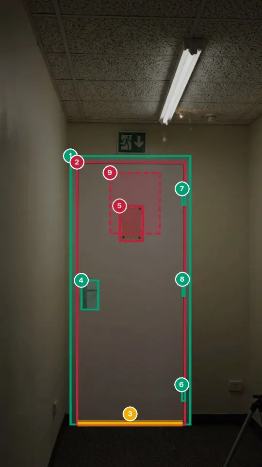 Inspector view: the patched panel and missing sign marked as fails in red, the gap under the door marked check in amber, hinges and frame marked pass in green